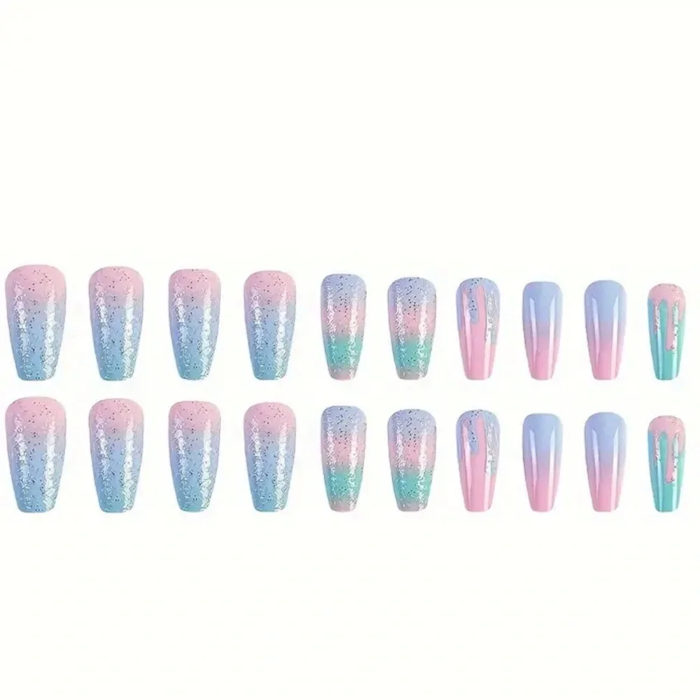 NEW Pastell Pink Blue Green Long Coffin Paint Drip Nails - Picture 5 of 6